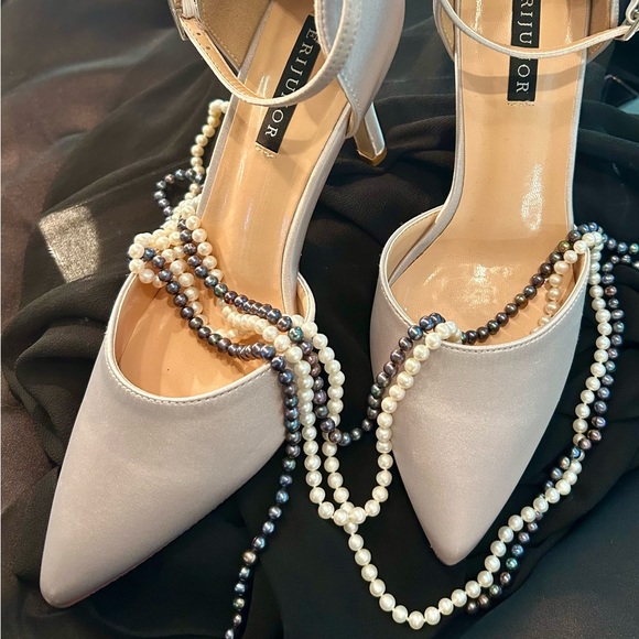 ERIJUNOR Wedding Evening Party Shoes with Bow Knot Ankle Strap Satin Shoes. - Picture 1 of 8